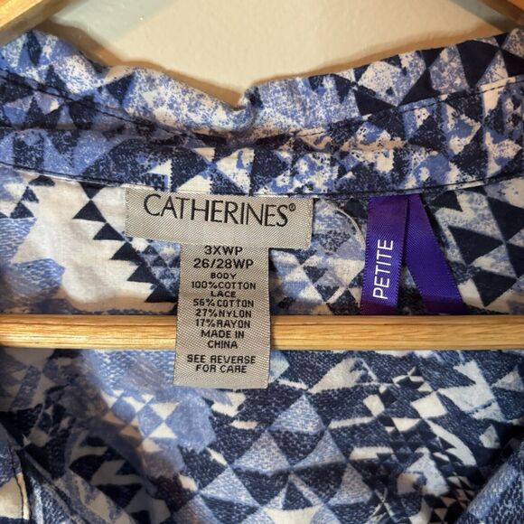 Catherines Blue Button Up Top Geometric Lace Back 3/4 Sleeve Shirt 3XW P… - Picture 4 of 7